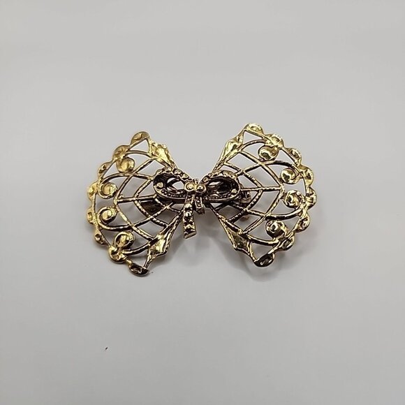 Vtg Antique Art Deco Layered Filigree Clear Rhinestone Bow Brooch Pin Gold Tone - Picture 1 of 3